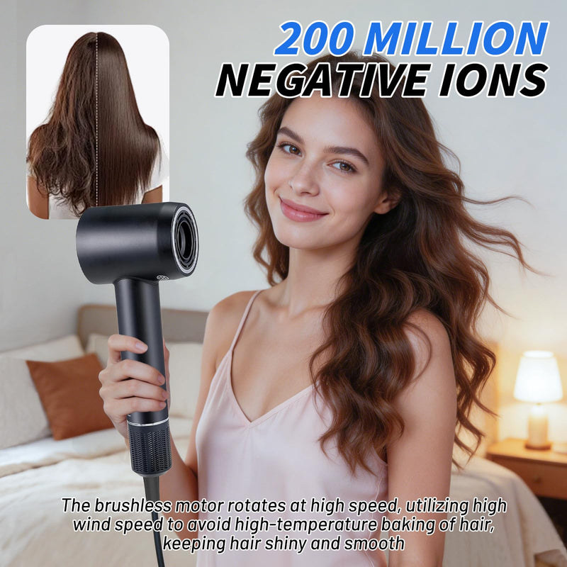 High-Speed Hair Dryer, 1600W Ionic Blow Dryer with 110,000 RPM Brushless Motor, 22m/s Fast Drying with 3 Heat Settings & Cool Shot LED 59dB Quiet Home Travel Salon Use Black