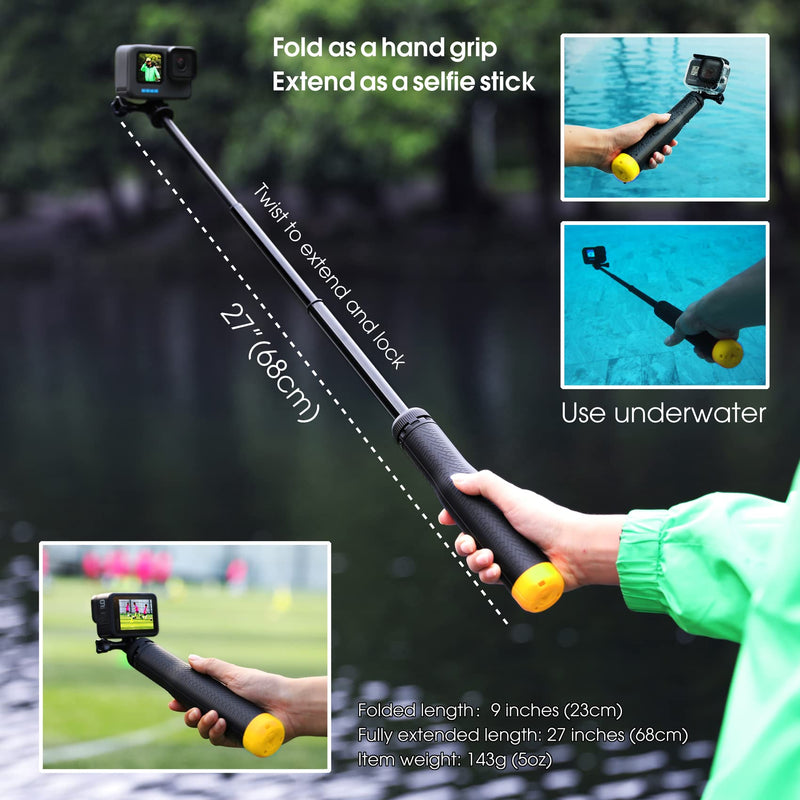 SOONSUN 4in1 Floating Selfie Stick for GoPro Hero 12, 11, 10, 9, 8, 7, 6, 5, 4, 3 Session, Fusion, DJI OSMO, Insta360 - Use as Floating Tripod, Waterproof Selfie Stick, Hand Grip, Tripod Stand Yellow