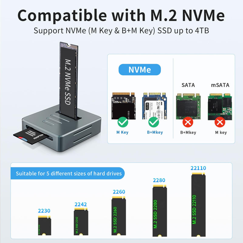 Aluminum M.2 NVMe Enclosure Docking Station, 10Gbps | Tool-Free Vertical SSD Adapter, USB-C/A, PCIe M-Key/B+M Key for 2230-22110, SD Reader, Aluminum Case