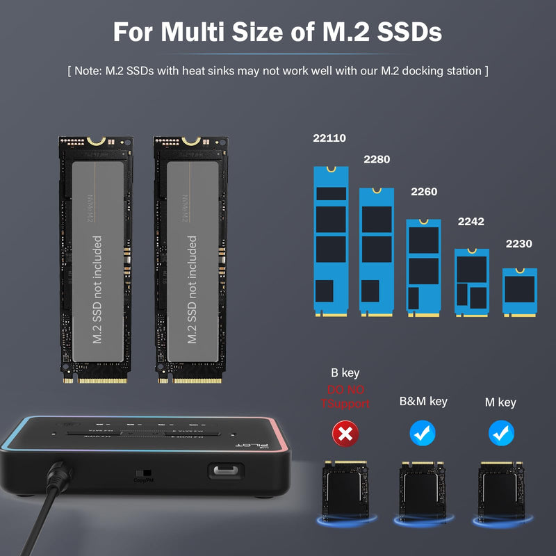 M.2 Duplicator Cloner Dual-Bay Offline USB C to NVME SATA Docking Station, M.2 Reader 20Gbps for Both (M Key, B+M Key) PCIE NGFF Dock, Size 22110 2280 2260 2242 2230 Enclosure - NN/SS RGB M.2 Duplicator Cloner Pilot NN/SS RGB [Plastic]