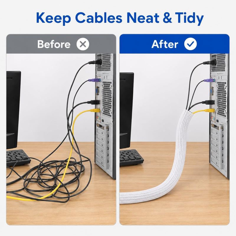 Cable Sleeve, 6.56ft Cable Management, Desk Cord Cover Organizer Wire Hider for Computer TV Wire Loom Tubing, Pet Proof Cord Protector from Cat Dog Chewing (6.56FT,White) White