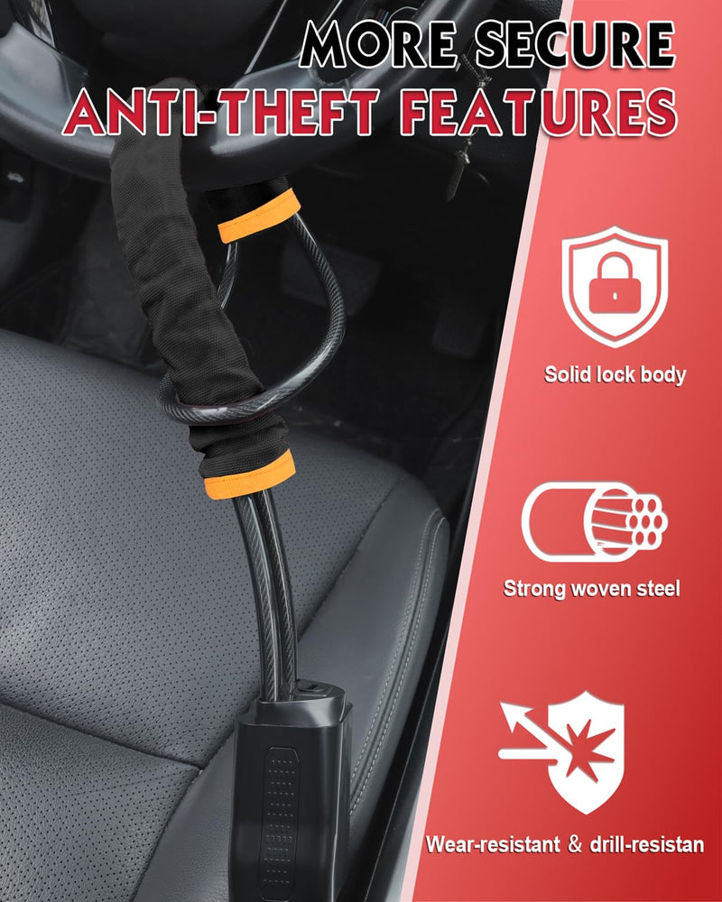 Steering Wheel Lock Anti-Theft Device, Adjustable Car Security Lock with Seat Belt Design, 10 mm Braided Steel Cable, Universal Fit for Cars, SUVs, Trucks, Vans Black