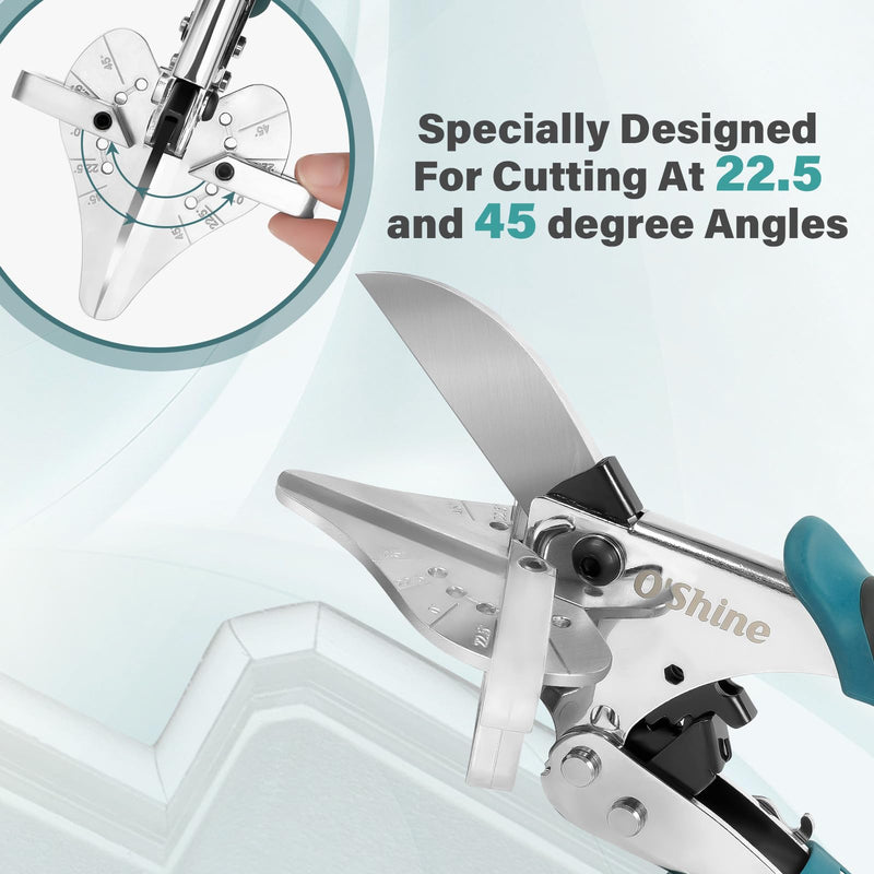 O'Shine 22.5 Professional Ratchet Miter Shears Elite, 22.5 45 & 90 Degree Heavy Duty Multi Angle Base Shoe Cutter, 3X Effort Saving Shoe Molding & Quarter Round Cutting Tool, 1 Extra Replacement Blade