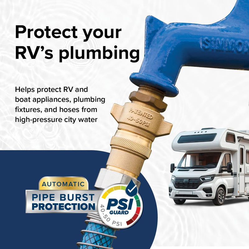 Camco Brass Marine/RV Water Pressure Regulator – Protects RV Kitchen Small Appliances, Plumbing & Hoses – Reduces RV Water Pressure to Safe & Consistent 40-50 PSI – Drinking Water Safe (40055) No Size
