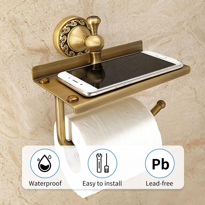 Toilet Paper Holder with Phone Shelf, Bathroom Toilet Paper Roll Holder Antique Bronze Brass Wall Mounted Bathroom Hardware Accessories,Pattern Carving Design