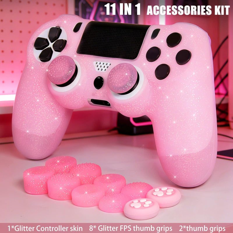 Pink Glitter Anti-Slip Protective Silicone Cover Skin Grips Compatible with PS4/Slim/Pro Controller,8 PCS Glitter Thumb Grips Caps and 2 Grips Caps. (Glitter Pink) Glitter Pink