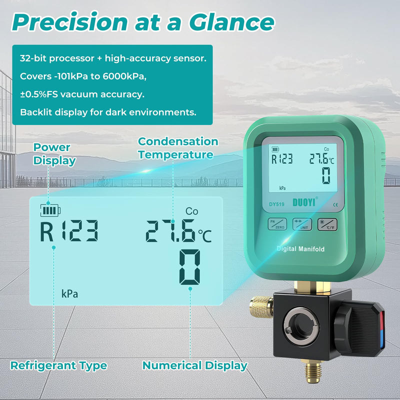 DUOYI DY519 3-in-1 HVAC Digital Manifold Vacuum Gauge Refrigerant Charging, Vacuum Testing & Leak Detection 24 Refrigerant NIST Compatible High Precision Pressure Meter for AC Pros & DIYers