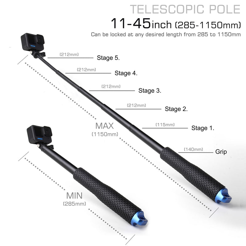 11''-45''Alumium Handheld Waterproof Selfie Stick Underwater Pole Handle Grip Monopod for Gopro Hero Session Max Insta360 AKASO DJI OSMO Digital Action Cameras 11''-45'' Stick