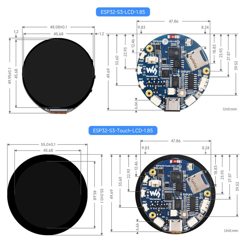 Waveshare ESP32-S3 1.85inch Round Display Development Board 360×360, 32-Bit LX7 Dual-Core Processor, Up to 240MHz Frequency, Supports Wi-Fi & BLE 5, Accelerometer and Gyroscope Sensor, with Touch