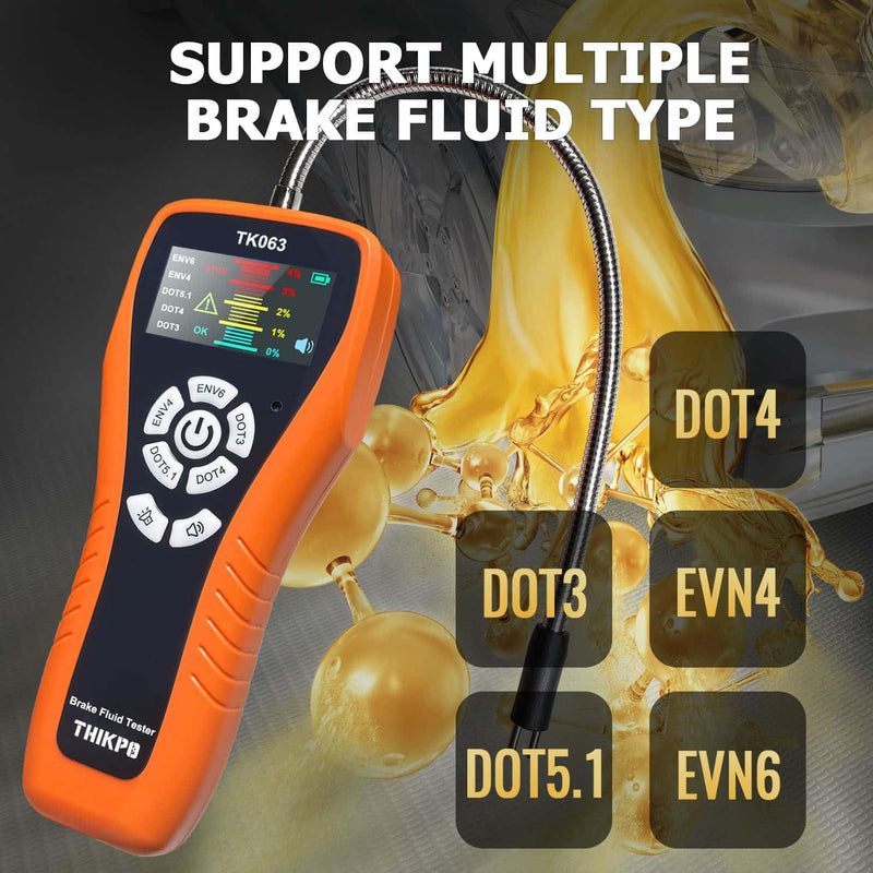 THIKPO Brake Fluid Tester for DOT3 DOT4 DOT5.1 EVN4 EVN6, High-Sensitivity Digital Brake Oil Moisture Tester with LCD Display, Built-in Calibration, Corrosion Resistance Probe, Buzzer Alarm