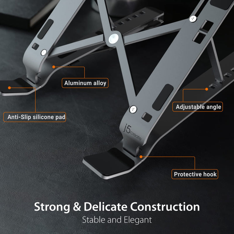 j5create Portable Aluminum Laptop Stand with USB 4-Port Hub, Foldable and Adjustable Notebook Riser with 4 USB-A Ports for MacBook, Laptop, and Tablet up to 16" (JTS223)