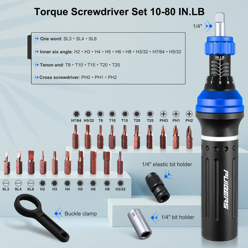 25-Piece Inch Pound Torque Screwdriver Set 1/4 Drive,10-80 In.lb Torque Screwdriver for Gunsmithing,Electronics, Bikes, Motorcycles & DIY Projects 1/4" 10-80 LB.IN