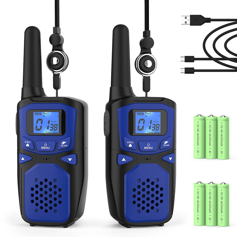 Adult Walkie Talkies 2 Pack, WokTok Rechargeable Long Range Walkie Talkies 2 Way Walkie Talkies, 22 Channels VOX Scanning LCD Display Ideal for Gift Giving, Family Camping and Hiking 2 Packs Blue 2 Pack