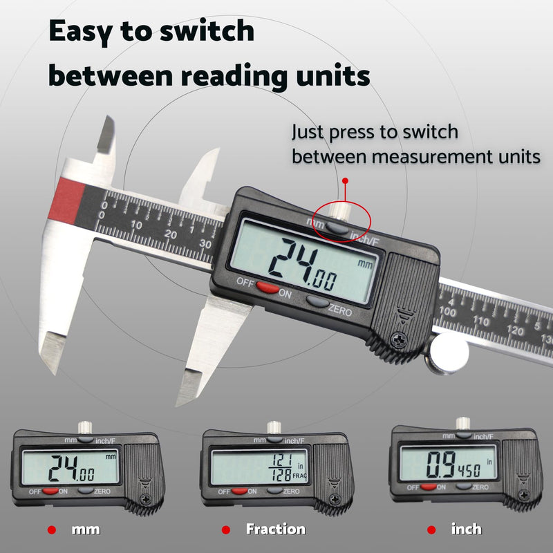 Digital Caliper, Caliper Measuring Tool 6 inch, Micrometer Caliper Digital, Stainless Steel Calipers to Measure Inch Fractions Millimeter with Auto-Off by S&F STEAD & FAST