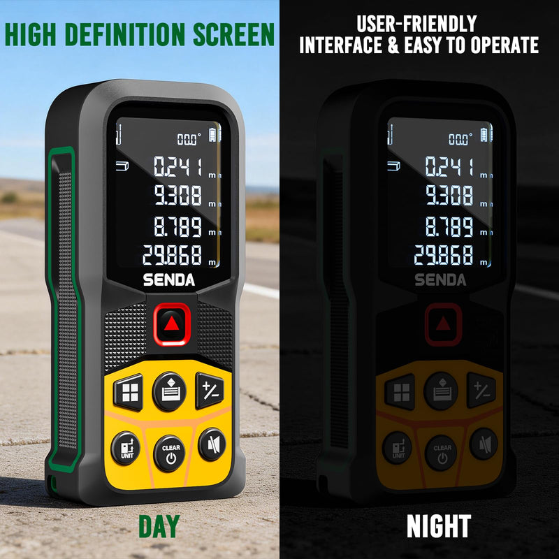 SENDA Laser Measure, 197Ft Digital Laser Measurement Tool with LCD Backlit Display, 1/16in Accuracy, in/Ft/Ft+in/M, 20 Sets Data Storage, Laser Distance Meter, Pythagorean Mode Distance/Area/Volume SD-C3