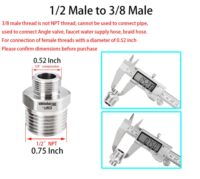 1/2 to 3/8 Reducer Faucet Adapter, 304 Stainless Steel 3/8 Male to 1/2 Male Compression Fittings for Water Supply Fitting for RV Kitchen Piping, Water Hose Pipe Connector with Rubber Washer(2 Pack) 1/2 Male to 3/8 Male