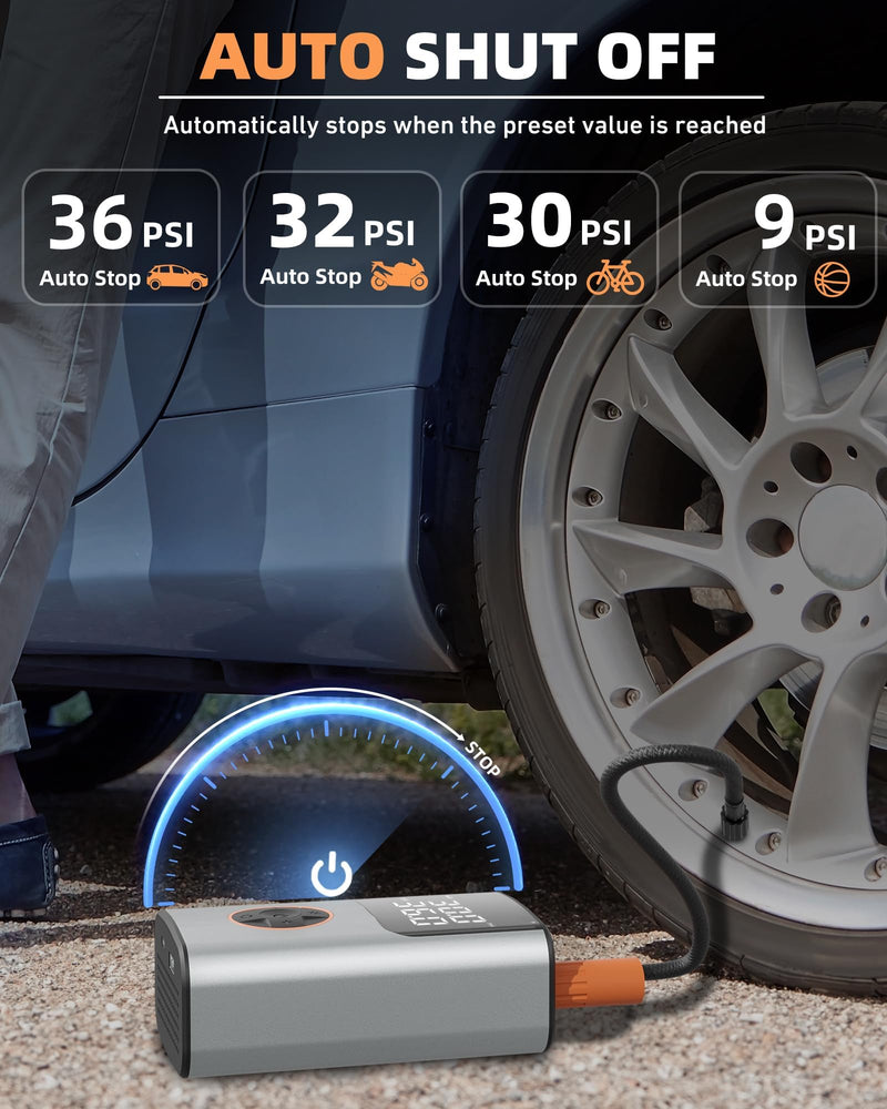 Tire Inflator Portable Air Compressor, Bike Pump, 150PSI Air Pump for Car Tires with LCD Dual Screen and Digital Tire Pressure Gauge, Air Compressor for Bicycle, Motorcycle, Compact Car, Ball Silver