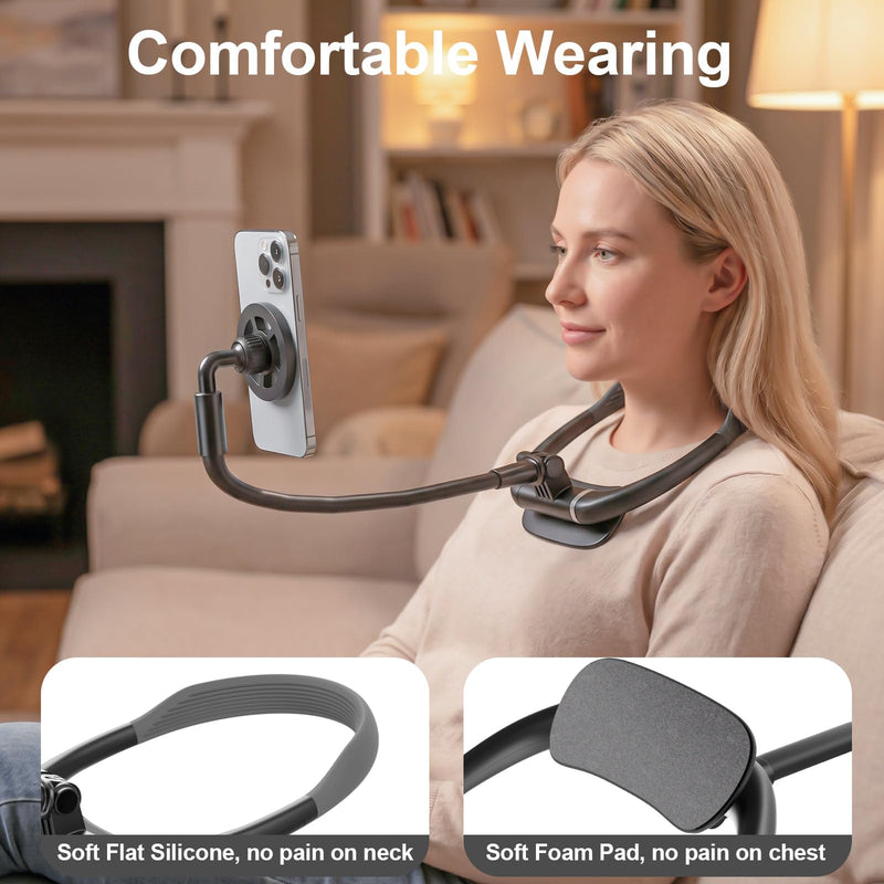 Magnetic Neck Phone Holder for Reading in Bed, One-Hand Operation Comfortable Lazy Cell Phone Mount for iPhone, Around Neck for Video Recording Watch Movies Black
