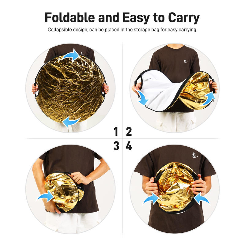 GVM 32"/80cm 5 in 1 Photography Reflector, Collapsible Round Light Reflector with Handle Grips, Portable Light Reflectors for Photography Studio Outdoor Portrait-Translucent/Black/Gold/Silver/White