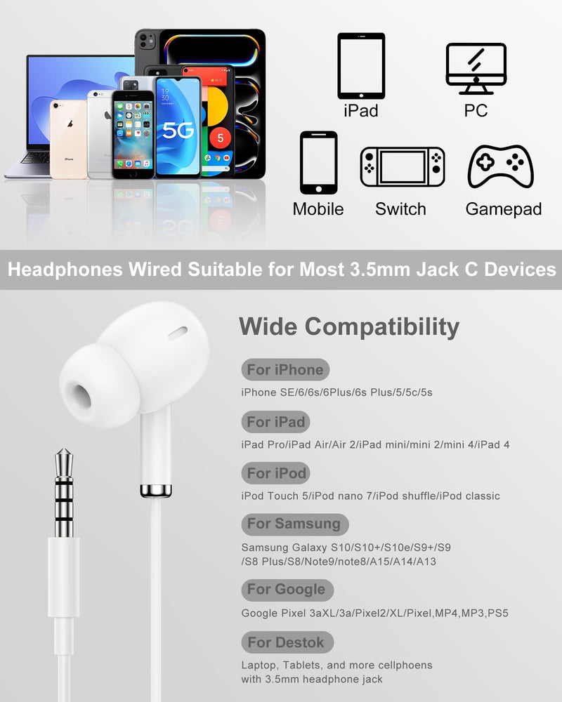 3.5mm Aux Jack Earbuds, Wired Over Ear Buds with Microphone, in-Ear Headphones for Apple iPhone ipad EarPods for Computer Laptop Gaming Devices, Stereo Bass Earphones for MP3 PC Air Pods Samsung White