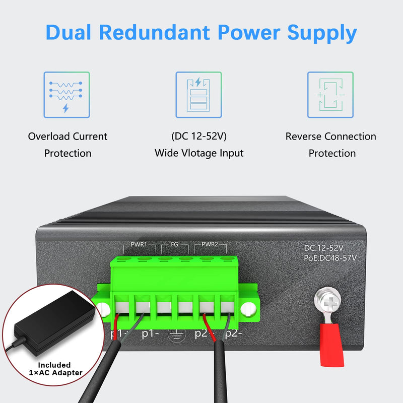 5-Port Industrial PoE Gigabit Din Rail Ethernet Switch, 4 x Gigabit PoE+ Ports, 65W PoE 48V Output, 1 x SFP Gigabit Slot with One Gigabit SFP LC Module, IP40 Unmanaged, with Power Supply 5 Port Gigabit PoE + LC Module