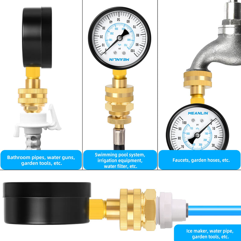 MEANLIN MEASURE 0~100Psi 3/4" Female Water Pressure Kit Plus 5 adapters, 2.5" FACE DIAL Multi-Purpose Pressure Gauge Kit, Hydraulic Tester,Suitable for Gardens, Water Pipes, etc 0-100Psi (With Fittings) No Liquid