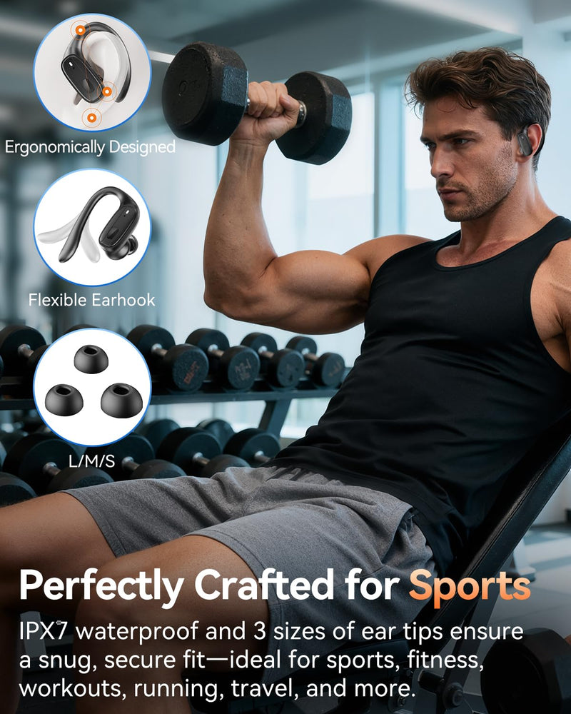 Wireless Earbuds with Ear Hooks, Running Headphones, Ear Buds for Sports | 80H Long Playtime, Noise Cancelling, Physical Button Control, LED Display, IPX7 Waterproof Workout Earphones, Black