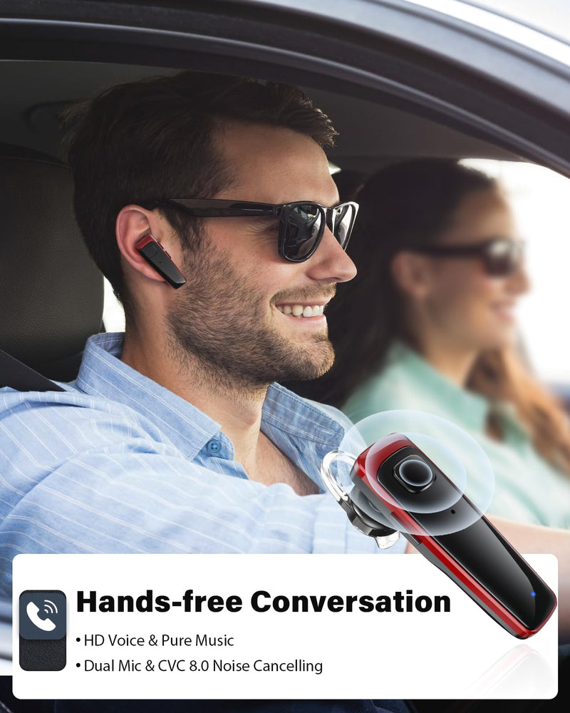 Bluetooth Headset,V5.3 Bluetooth Earpiece Wireless Handsfree Driving Headsets with Noise Canceling Mic,16Hrs Play Time Business Eabuds for iPhone Samsung Android Cell Phone Tablets Office(Red)