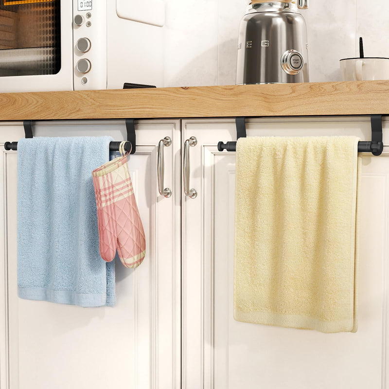 Over Cabinet Towel Holder, Stainless Steel Over The Cabinet Towel Rack Bars for Kitchen Cabinet Doors, Dish Towel Holder with Hooks, 2 Pack (Black) Black 10.5 inch
