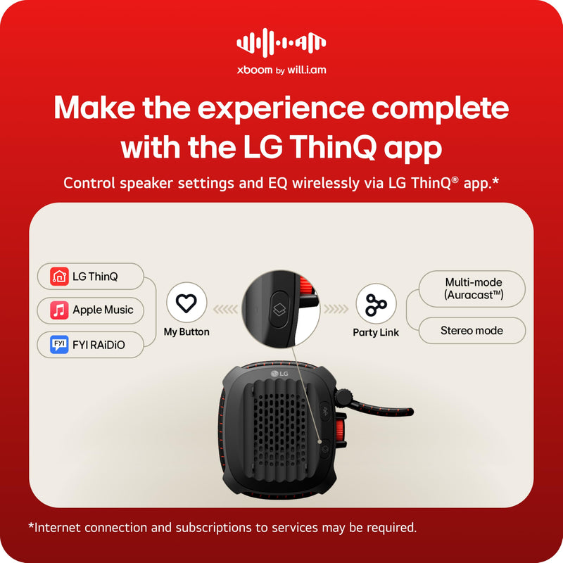 LG xboom Rock by will.i.am, Portable Outdoor Bluetooth Speaker, up to 10 Hours, IP67 Dust and Water Resistant, Adjustable Mounting Cord, Black