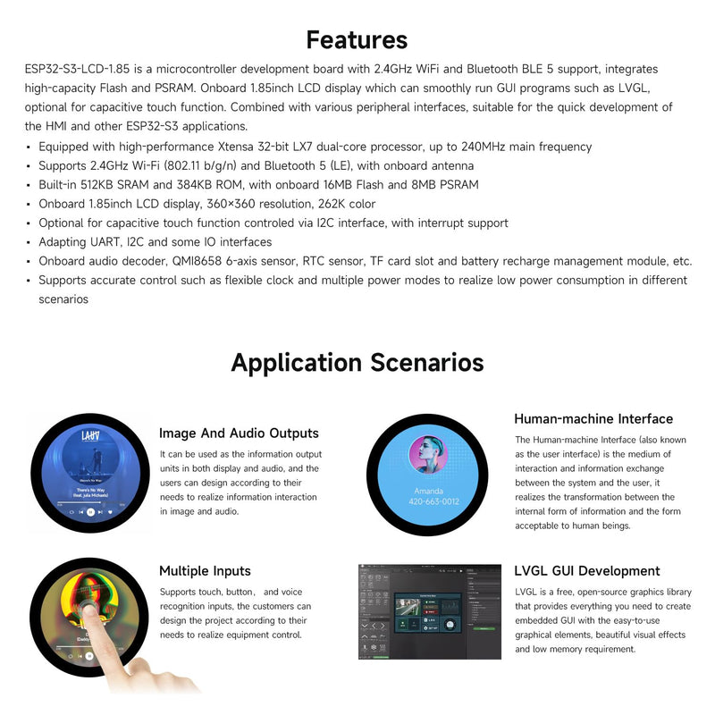 Waveshare ESP32-S3 1.85inch Round Display Development Board 360×360, 32-Bit LX7 Dual-Core Processor, Up to 240MHz Frequency, Supports Wi-Fi & BLE 5, Accelerometer and Gyroscope Sensor, with Touch