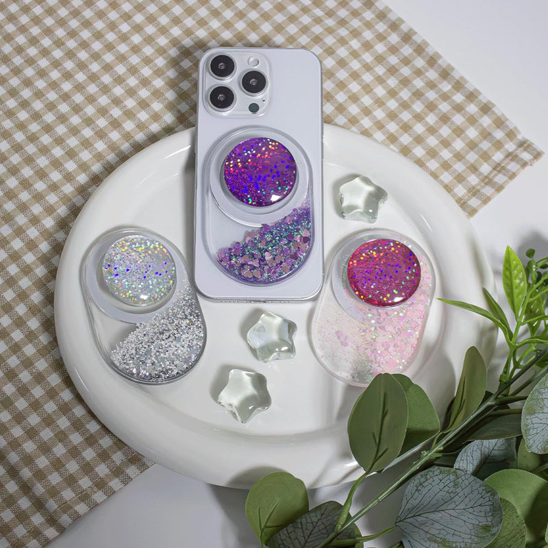 Glitter Quicksand Phone Grip Oval – MagSafe Compatible, Sparkling Liquid Design, Slim and Lightweight Magnetic Grip and Stand (Purple) Purple