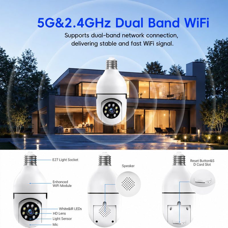 Chpuss Light Bulb Security Camera, 5G& 2.4GHz WiFi Security Cameras Wireless Outdoor for Home Security, 2-Way Audio Color Night Vision, Motion Detection Siren Alarm 1Pack - 5G & 2.4GHz