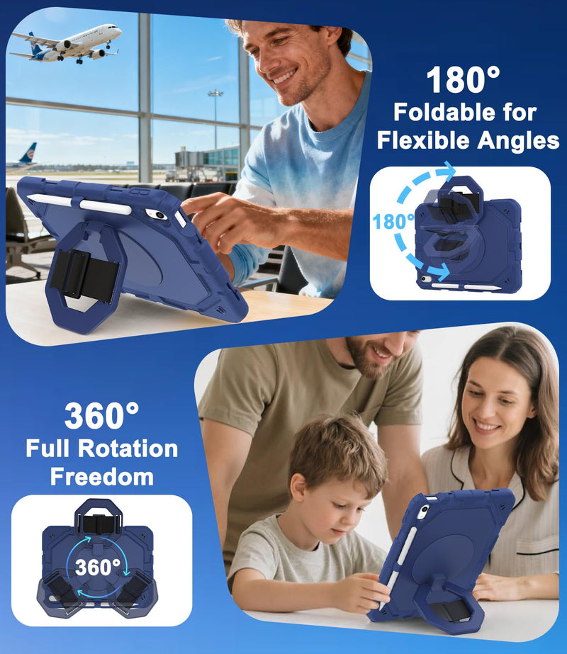 iPad A16 11th & 10th Gen Case with Screen Protector and Strap, Blue | 360° Rotating Stand, Removable Adjustable Shoulder Strap & Hand Strap, Pencil Holder, Handle for Carrying, Heavy Duty Case Navy Blue