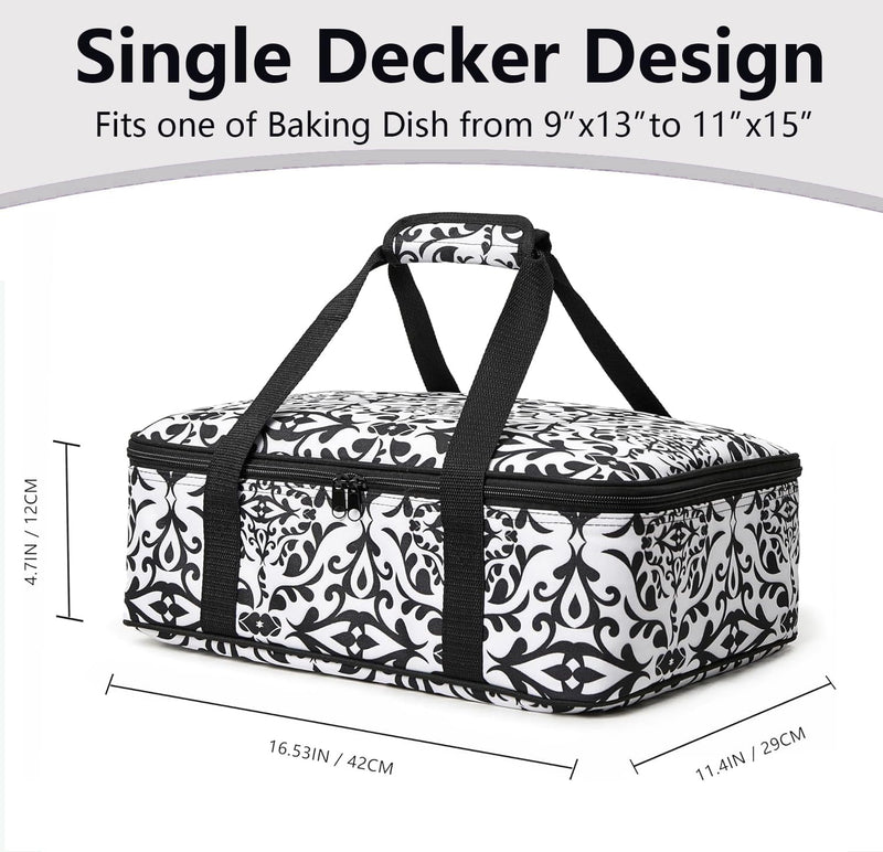 Insulated Casserole Carrier Bag - Portable Thermal Food Delivery Bag for 9x13/11x15 Inch Pan - Keep Meals Hot/Cold 4+ Hours for Catering, Festival Potlucks, Picnics, Family Gathings or Outdoor Events Black/White 16.53x 11.4x 4.7 in