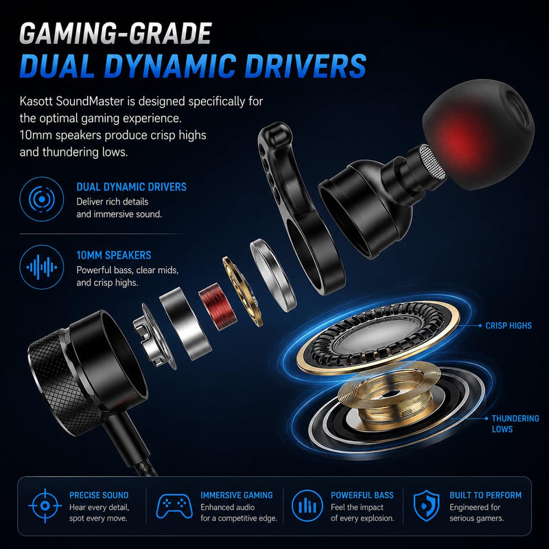 KASOTT SoundMaster Pro V1 - Gaming Earphones with Dual Audio Drivers,Battle Buds,in-Line Mic with Mute and Volume Control, Compatible with Xbox Series,Xbox One,PS5,PS4,Switch,Pc with 3.5mm Aux Black