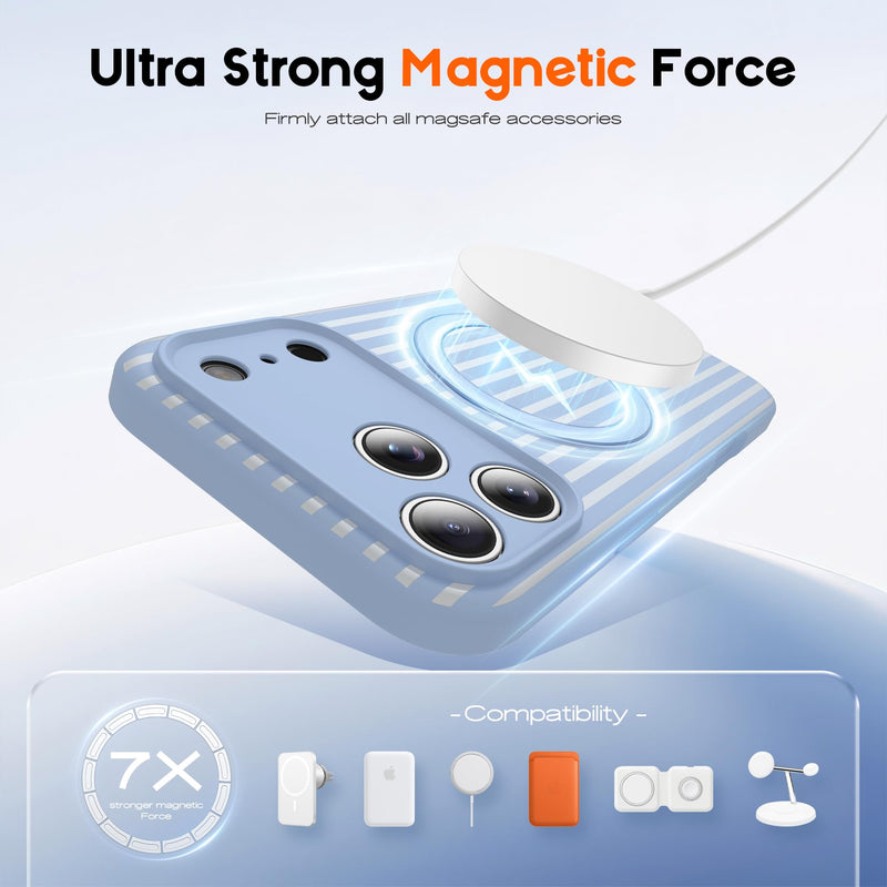 SKYLMW Striped Case for iPhone 17 Pro with Stand,6.3" Blue/White | Aesthetic Striped,Magnetic Stand,Compatible with Mag-Safe,Silicone 17 Pro Phone Case