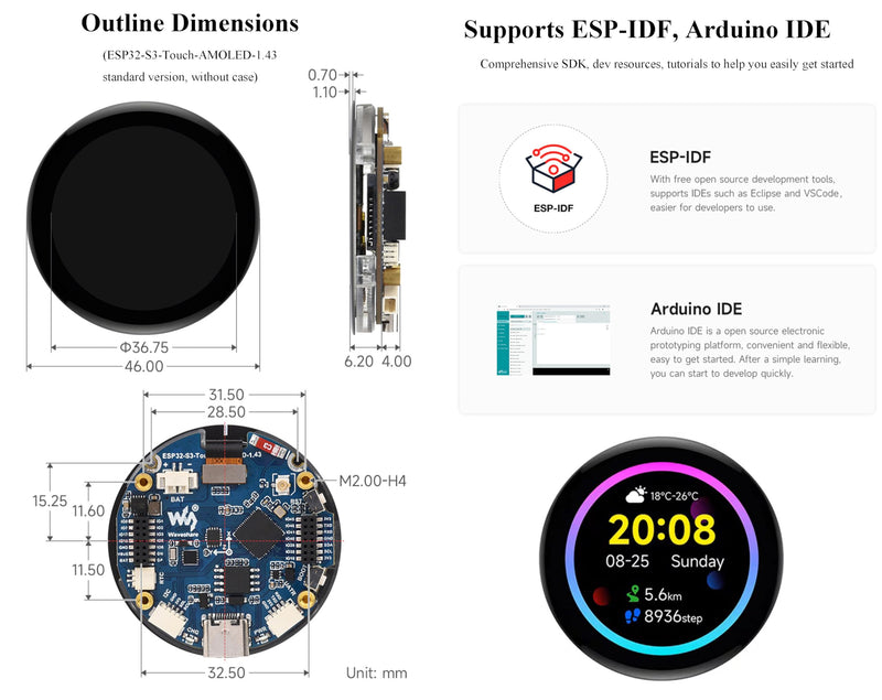 ESP32-S3 1.43inch AMOLED Touch Display Development Board, 466x466 QSPI Interface AMOLED Round LCD, Onboard Accelerometer and Gyroscope Sensor R T C Chip, ESP32 with Display, Multiple Interfaces