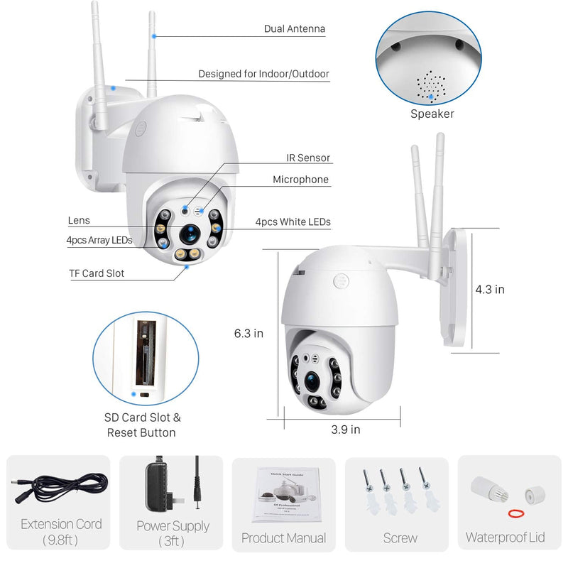 Pan Tilt Outdoor Security Camera, 1080P Home WiFi IP Camera, Pan Tilt Dome Surveillance Cam, Two Way Audio Motion Detection Clear Night Vision Onvif Waterproof CCTV Camera Support Max 128G SD 1 Count (Pack of 1)