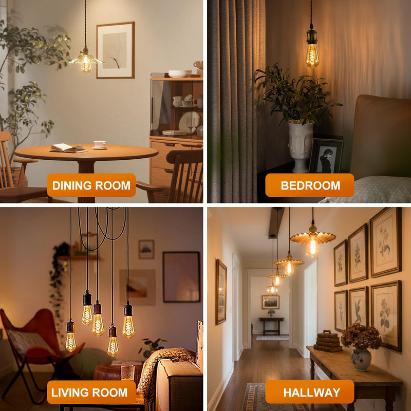 ST64 LED E26 Vintage Edison Light Bulbs, Light Amber Glass, Dimmable, 4W(40W Equivalent) 300 Lumens, 2500K Warm White, Spiral Filaments Design, Antique Style, 25000 Hrs, 4-Pack Light Amber-2500k 4 Pack
