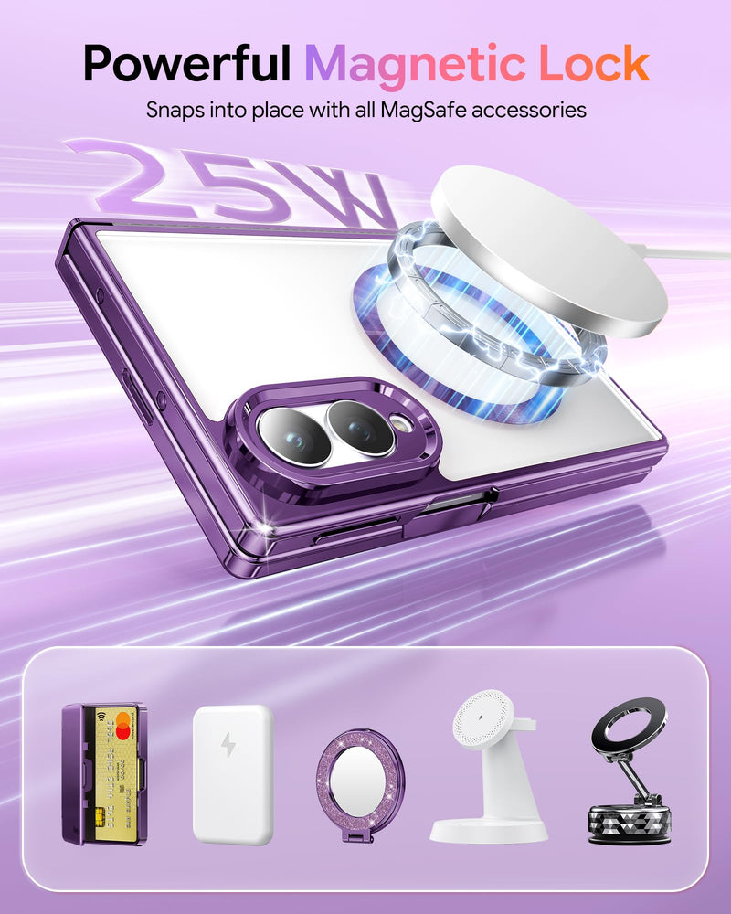 Meifigno for Samsung Galaxy Z Fold 8 Case Compatible with MagSafe, Violet | Raised Camera Protection, Rugged Hinge Protection, Metallic Glossy Plated Edge & Crystal Clear Back, Detachable Glitter Card Cobalt Violet