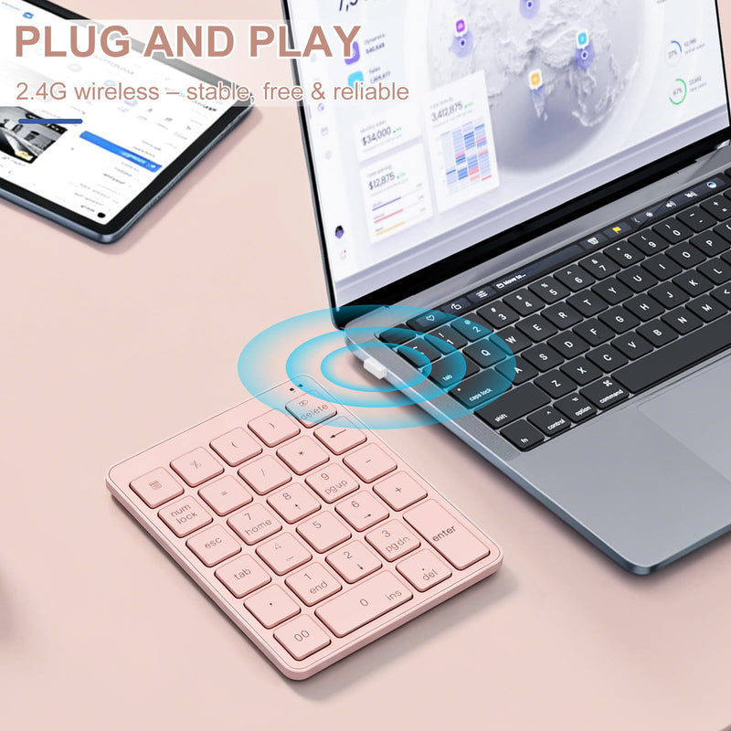 Wireless Number Pad with USB to USB-C Adapter, Numeric Keypad Numpad 28 Keys Portable 2.4 GHz Accounting Number Keyboard, 10 Key USB Keypad for Laptop, PC, Desktop, Surface Pro, Notebook - Pink