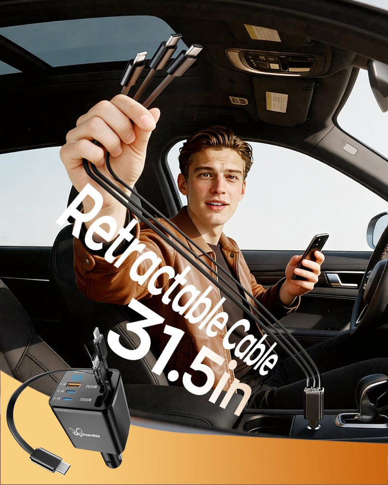 DreamBee Retractable Car Charger,108W 6 in 1 Super Fast Car Phone Charger with 3 Cords 31.5INCH, USB C Car Charger Adapter for iPhone 17/16/15/14/13 Pro Max XR,iPad,Samsung,Pixel
