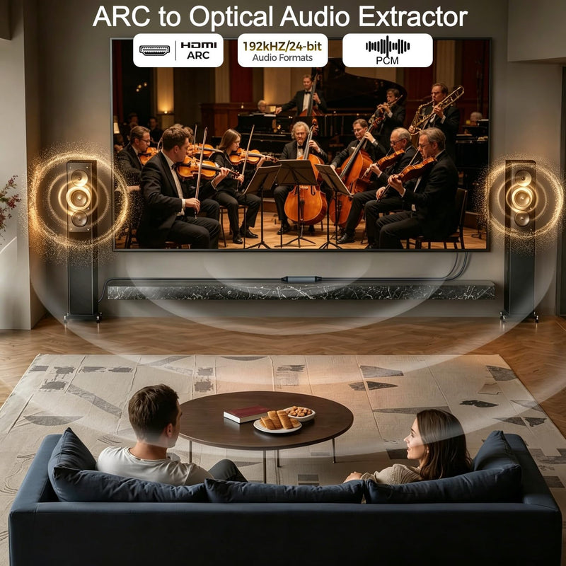 192KHz HDMI ARC to Optical Audio Adapter 6.6FT, ARC to Optical Converter - for HDTV AR C Ports to O ptical Soundbar, Home Theaters, Plug & Play, Support PCM 2.0 Audio Formats (NO CEC)
