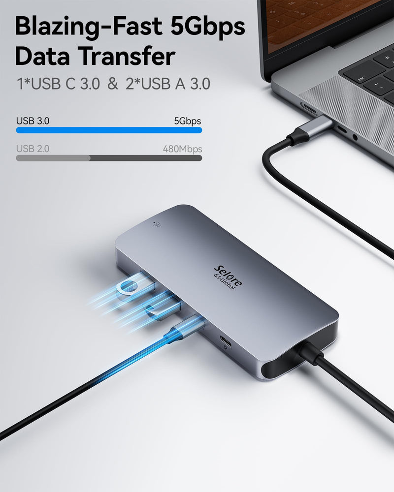 USB C Docking Station Dual Monitor, Selore Docking Station 3 Monitors | Triple 4K Display with 2 HDMI, DisplayPort, 1Gbps Ethernet, 100W PD Charging, USB 3.0 Ports Adapter for Dell, HP, Lenovo,etc Gray