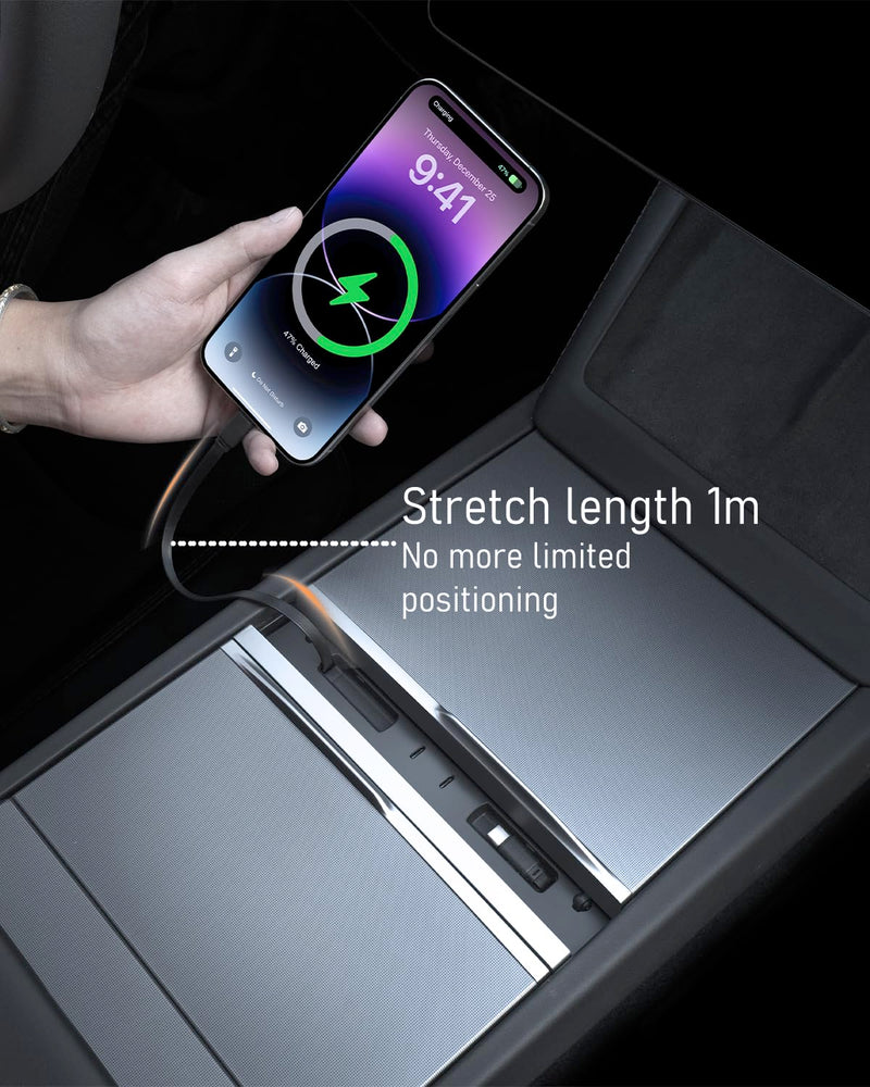 Car USB Hub for Tesla Center Console with Fast Charging Retractable Cables - for Model Y Juniper 2025-2026 & Model 3 Highland 2024-2026 Phone Charger Docking Station Accessories