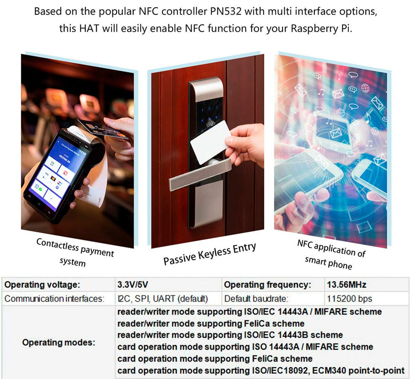 PN532 NFC HAT for Raspberry Pi 4B/3B+/3B/2B/Zero/Zero W - I2C / SPI/UART Interface, Supports Various NFC/RFID Cards