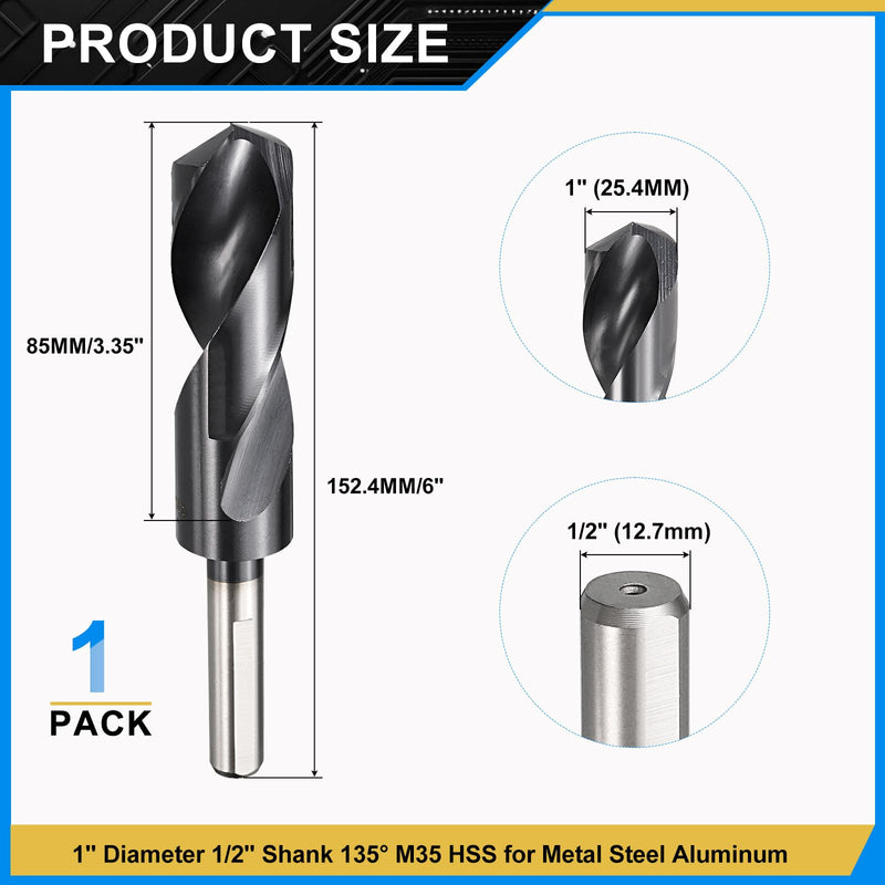 PATIKIL 1" Drill Bit, 1/2" Reduced Shank M35 Cobalt 5% HSS with Titanium Aluminum Nitride Coating 135° Split Point for Hard Metal Stainless Steel High-Speed Cutting 1" (25.4mm)