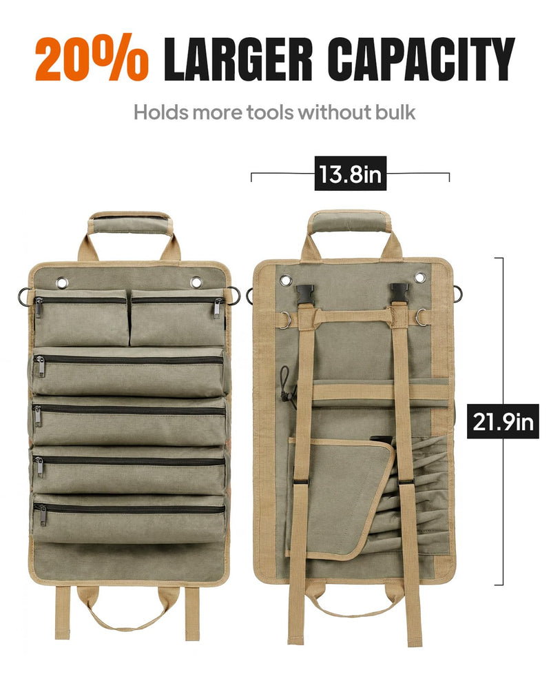 Tool Roll Up Bag, 1680D Heavy Duty Tool Bag Organizer with 2 Detachable Tool Pouches & Multiple Pockets, Waterproof Motorcycle Tool Roll for Mechanic & Electrician, Gift for Men Him Dad, 21.9"*13.8" Khaki