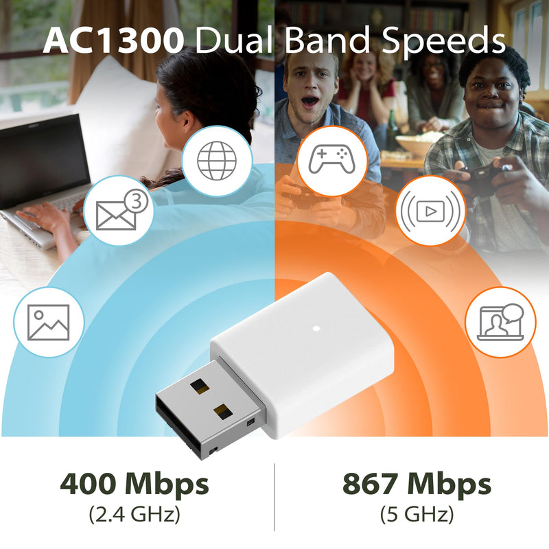 D-Link AC1300 USB WiFi Adapter —2.4/5GHz Dual Band Wireless Internet Travel Size for Desktop PC Laptop —MU-MIMO Plug & Play —Supports Windows 10/11 Drivers —WPA3 Enhanced Security (AC13U) AC1300 USB Adapter White